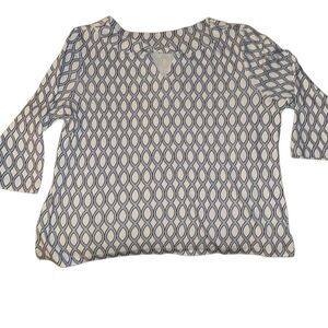 Chico's White Blue Geometric Twist Neck Cotton Convertible Tee Ladies Size 3/XL